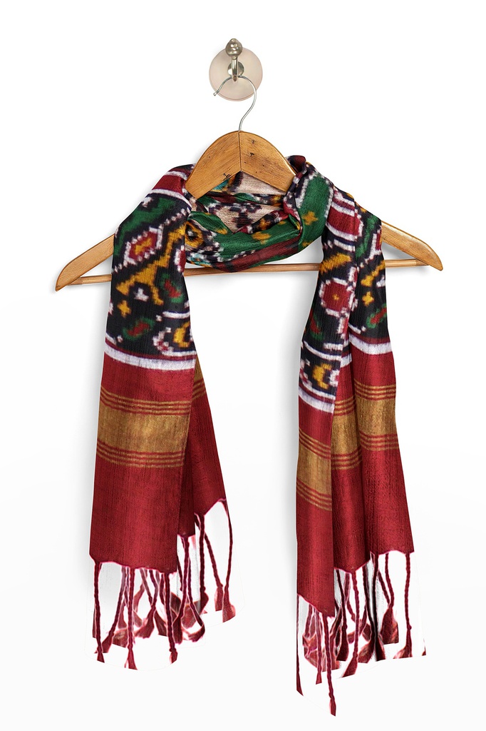 Red and Green Handwoven Double Ikat Silk Stole