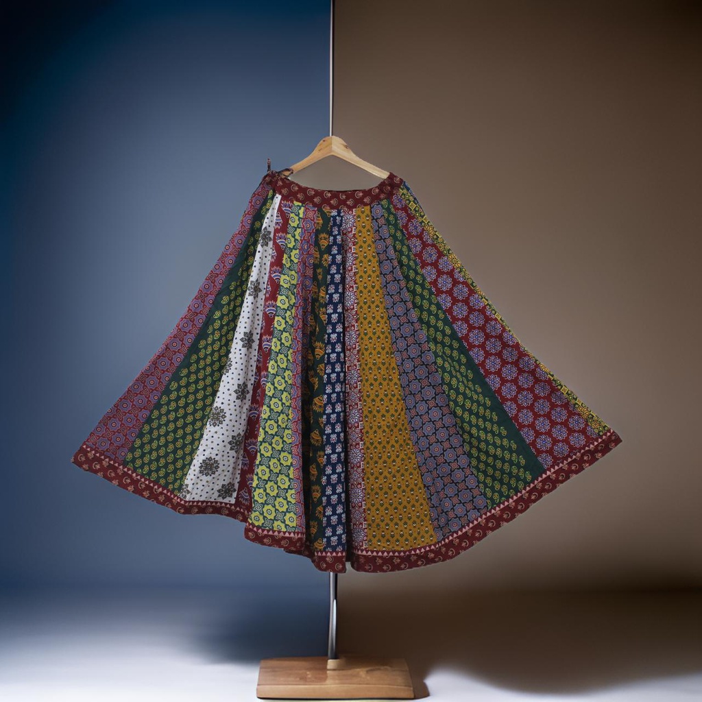Cotton Ajrakh Hand Block Printed Patchwork Flared Long Skirt