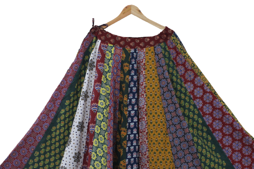 Cotton Ajrakh Hand Block Printed Patchwork Flared Long Skirt