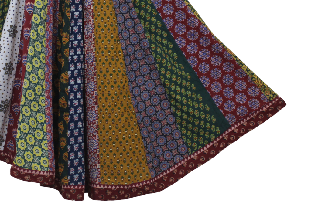 Cotton Ajrakh Hand Block Printed Patchwork Flared Long Skirt