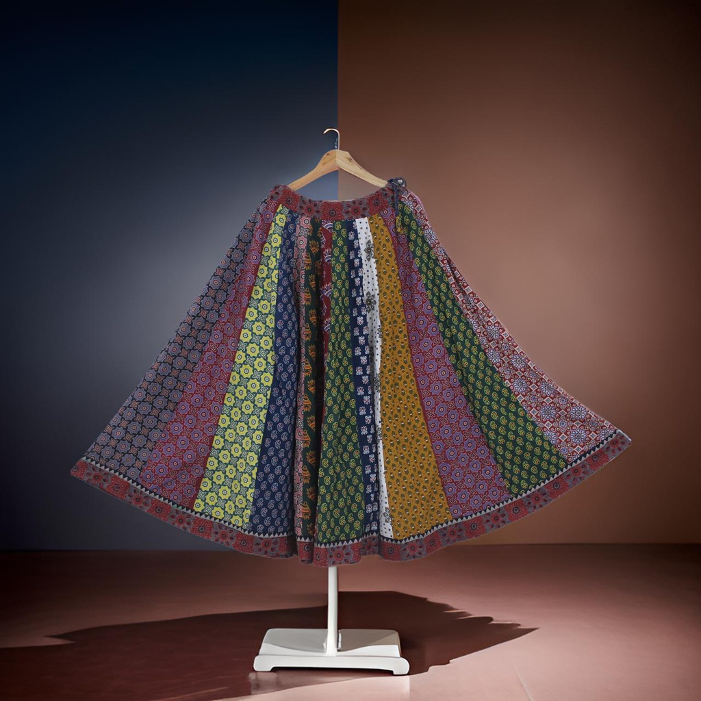 Cotton Ajrakh Hand Block Printed Patchwork Flared Long Skirt