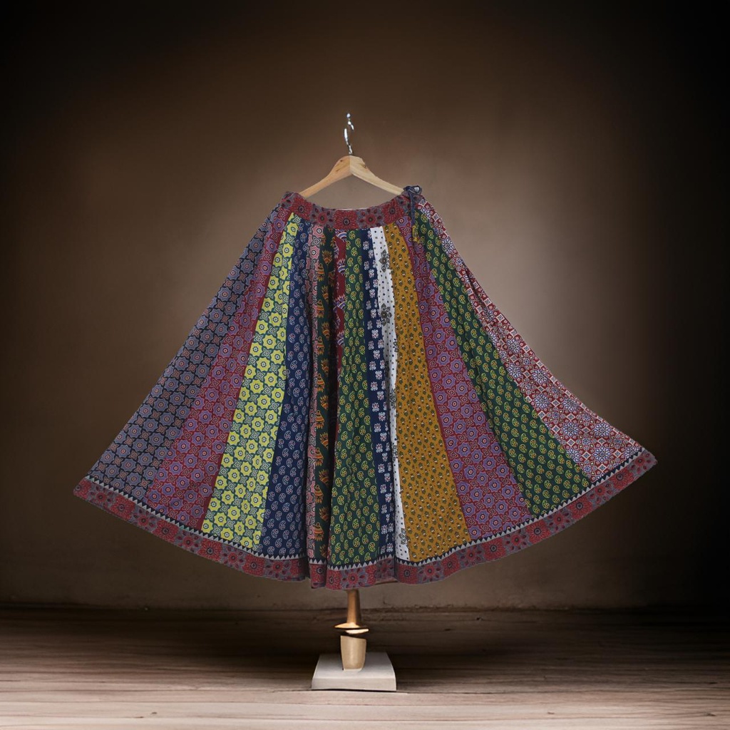 Cotton Ajrakh Hand Block Printed Patchwork Flared Long Skirt