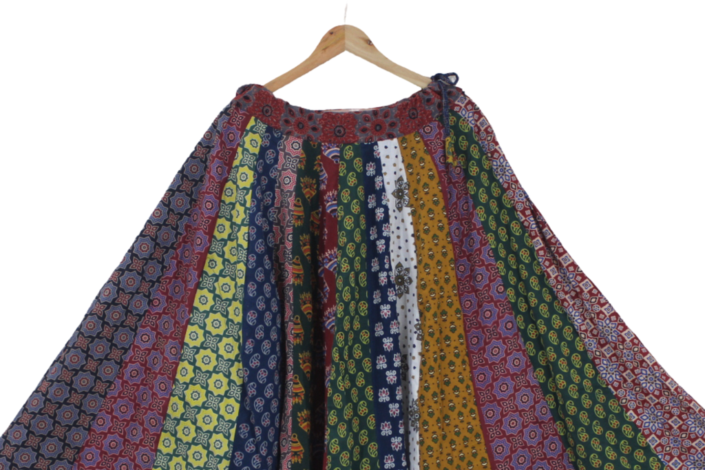 Cotton Ajrakh Hand Block Printed Patchwork Flared Long Skirt