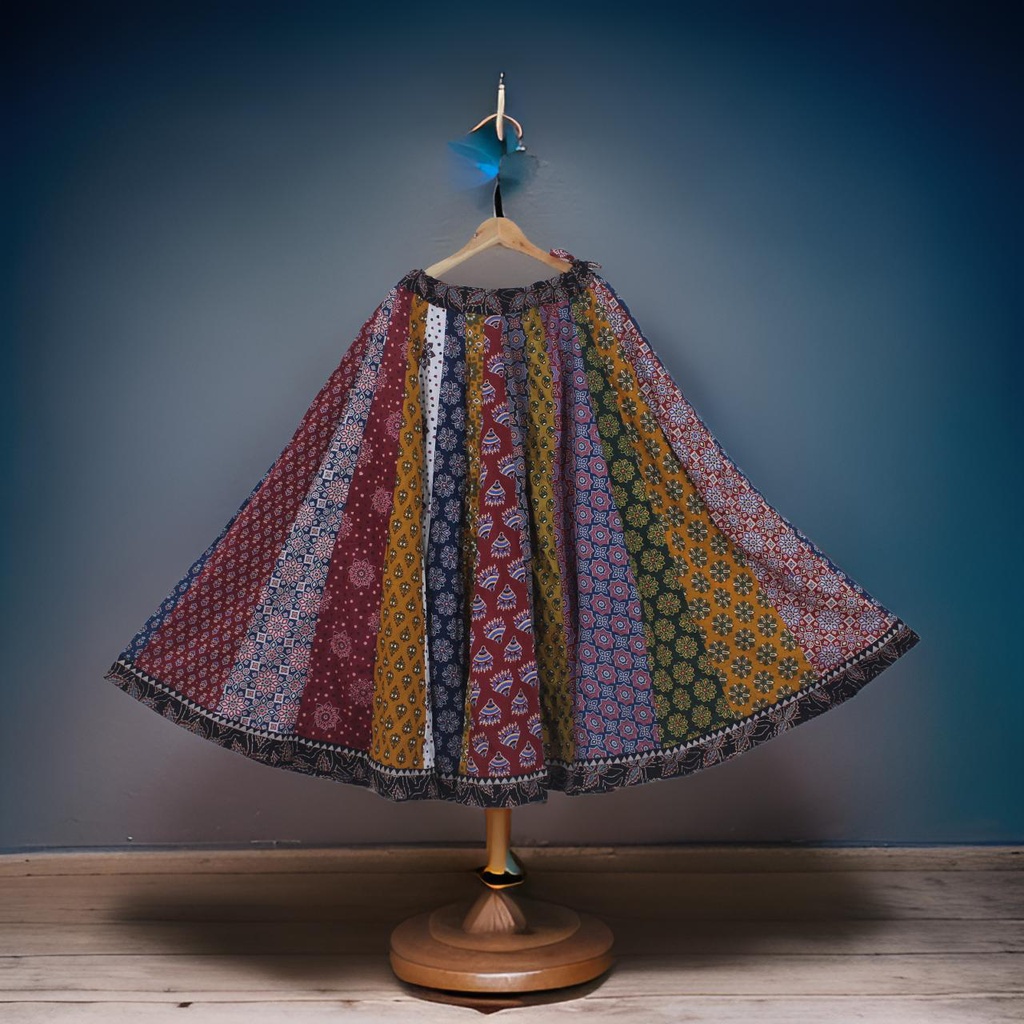 Cotton Ajrakh Hand Block Printed Patchwork Flared Long Skirt