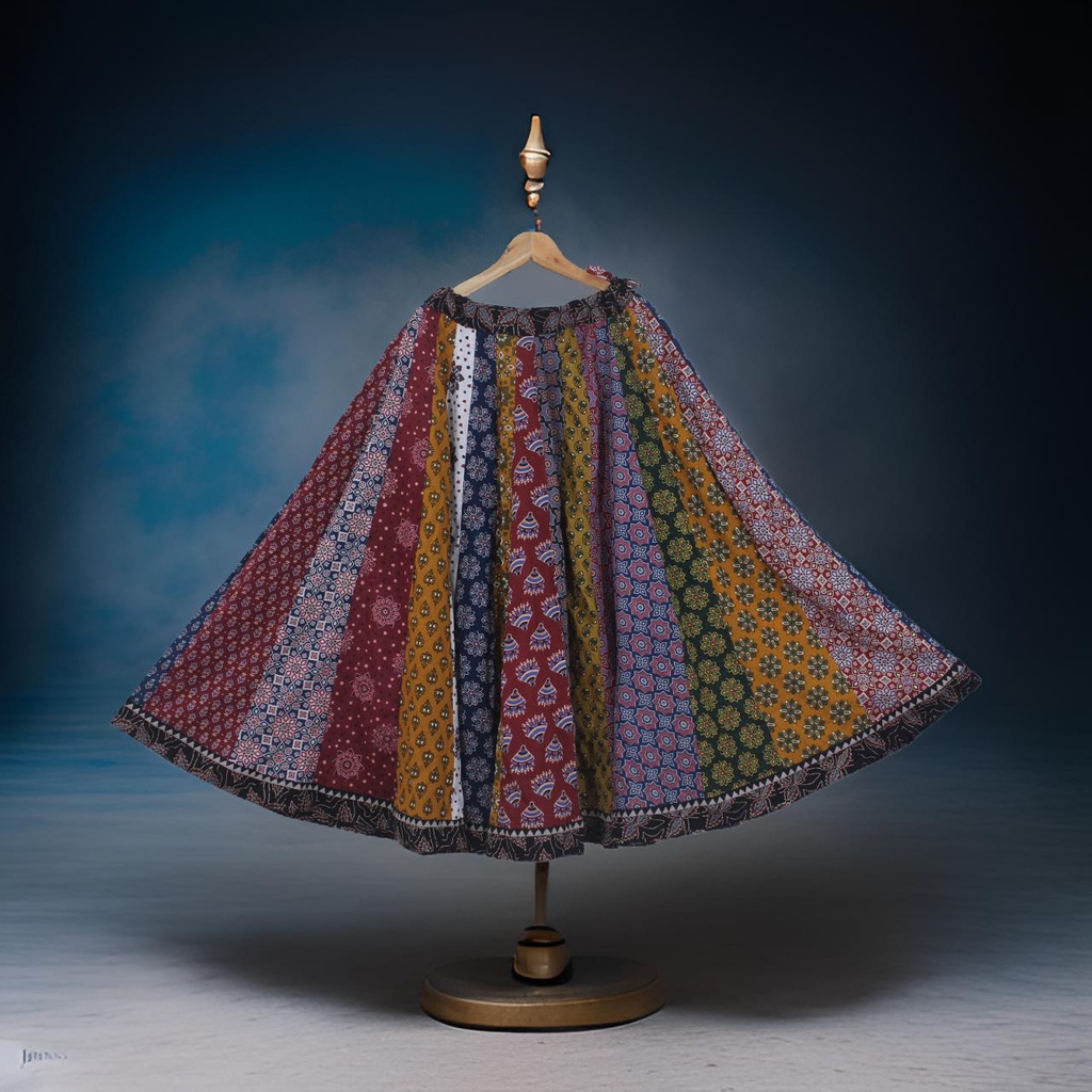 Cotton Ajrakh Hand Block Printed Patchwork Flared Long Skirt