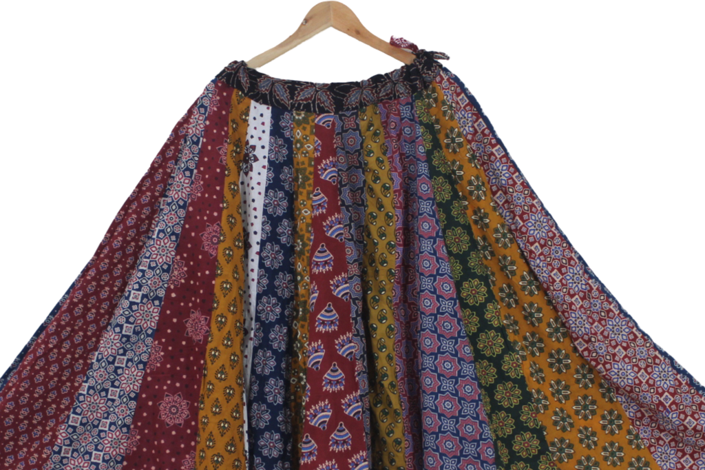 Cotton Ajrakh Hand Block Printed Patchwork Flared Long Skirt
