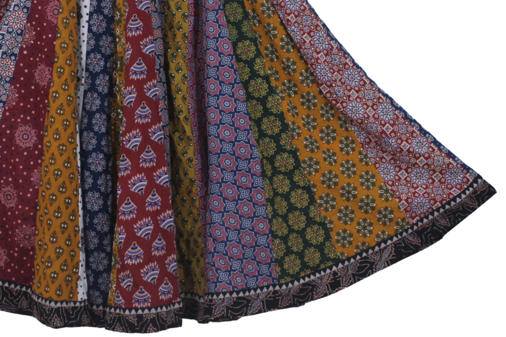 Cotton Ajrakh Hand Block Printed Patchwork Flared Long Skirt