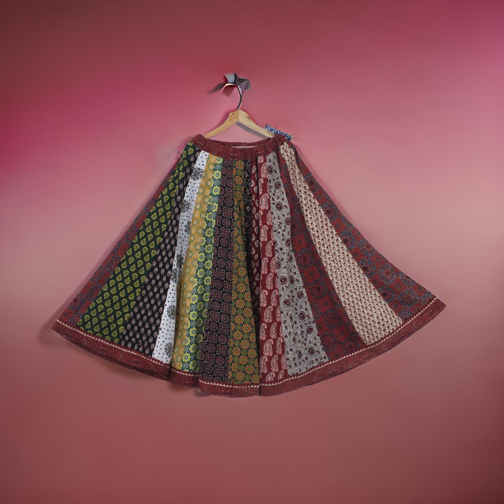 Cotton Ajrakh Hand Block Printed Patchwork Flared Long Skirt