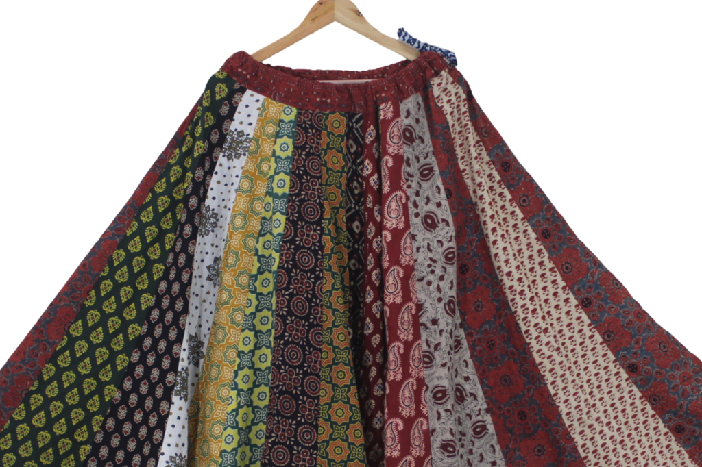 Cotton Ajrakh Hand Block Printed Patchwork Flared Long Skirt