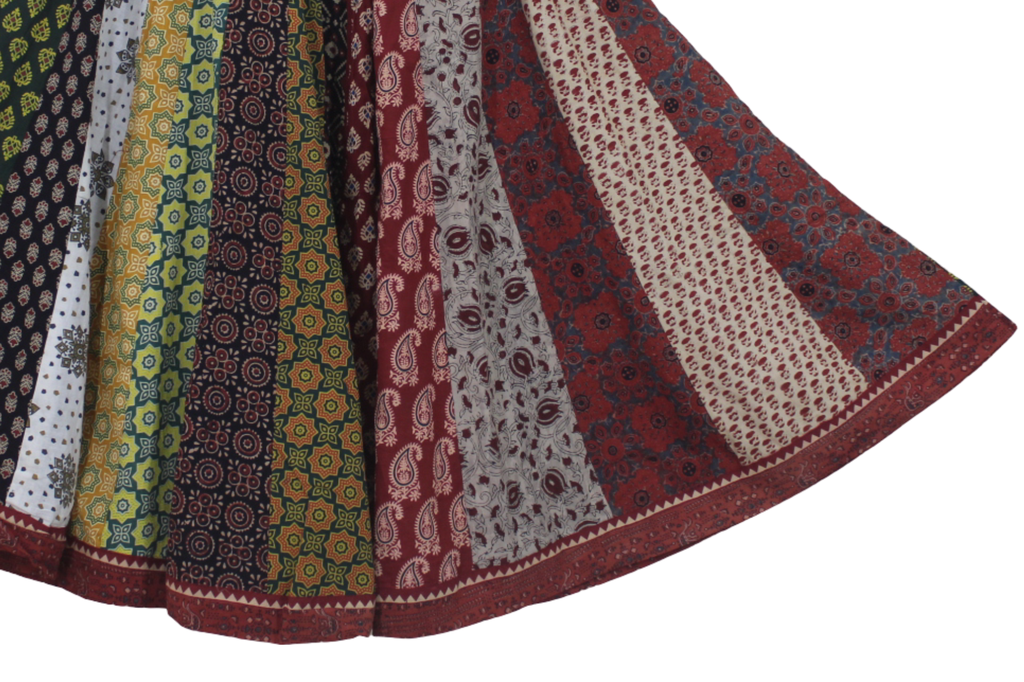 Cotton Ajrakh Hand Block Printed Patchwork Flared Long Skirt