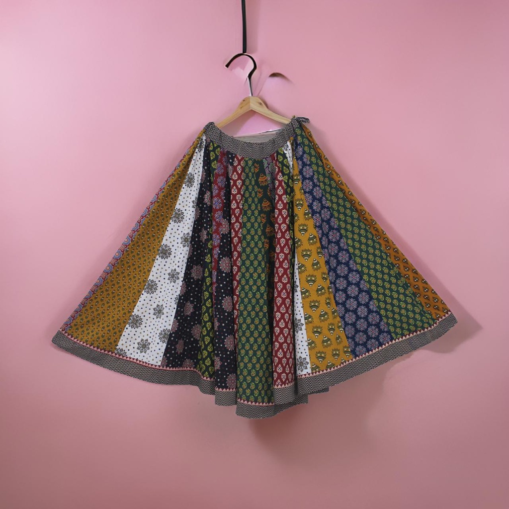 Cotton Ajrakh Hand Block Printed Patchwork Flared Long Skirt