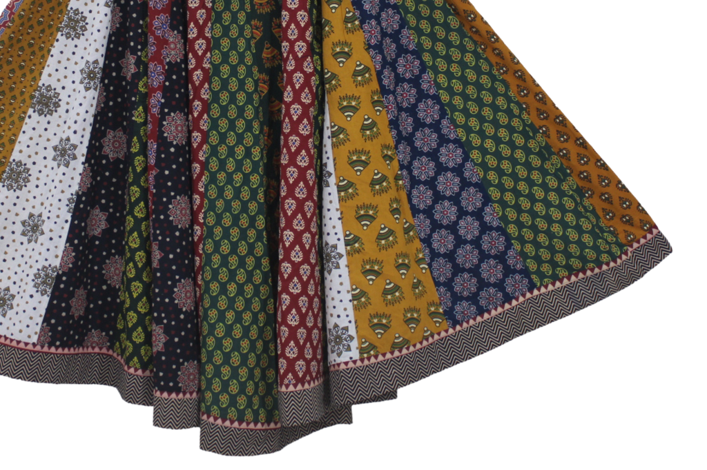 Cotton Ajrakh Hand Block Printed Patchwork Flared Long Skirt