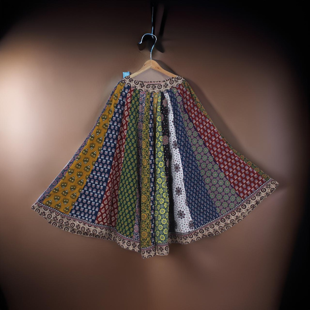 Cotton Ajrakh Hand Block Printed Patchwork Flared Long Skirt