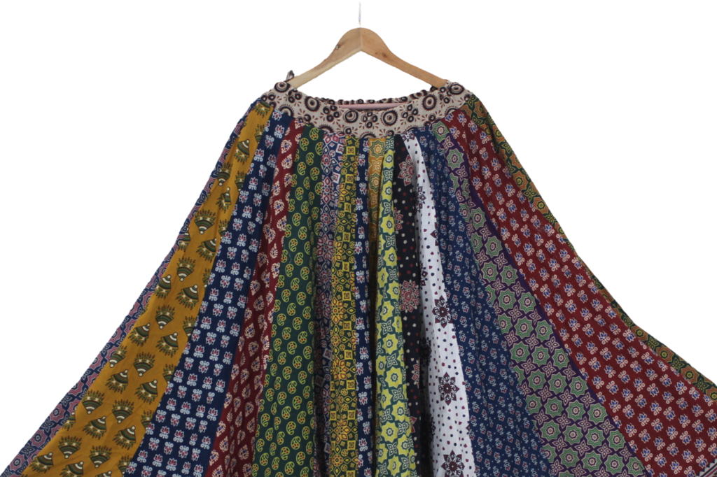 Cotton Ajrakh Hand Block Printed Patchwork Flared Long Skirt
