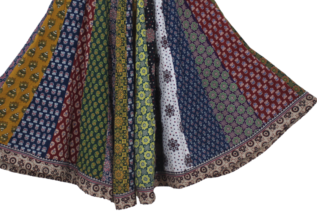 Cotton Ajrakh Hand Block Printed Patchwork Flared Long Skirt