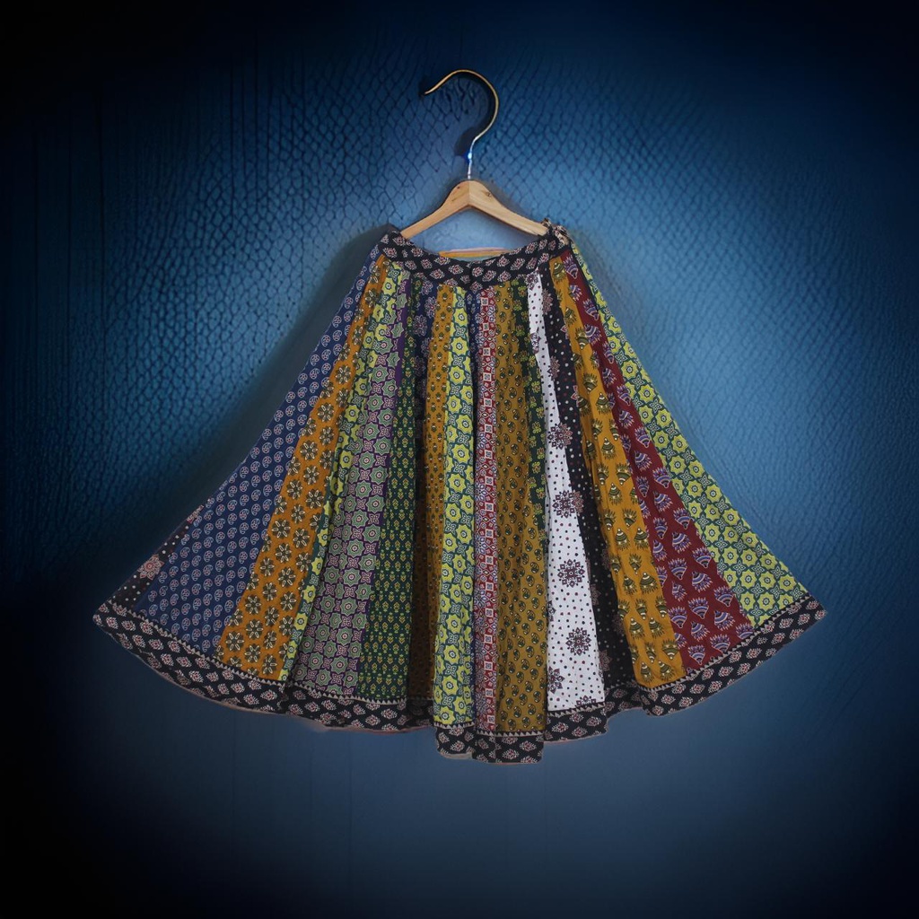 Cotton Ajrakh Hand Block Printed Patchwork Flared Long Skirt
