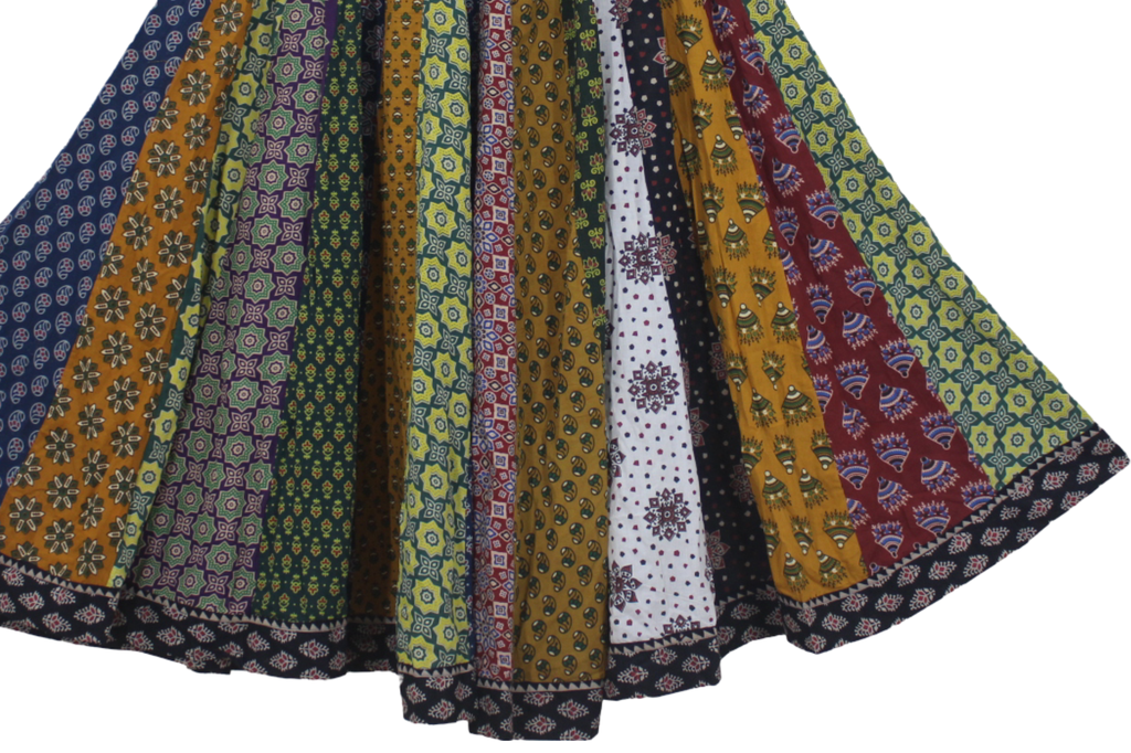 Cotton Ajrakh Hand Block Printed Patchwork Flared Long Skirt