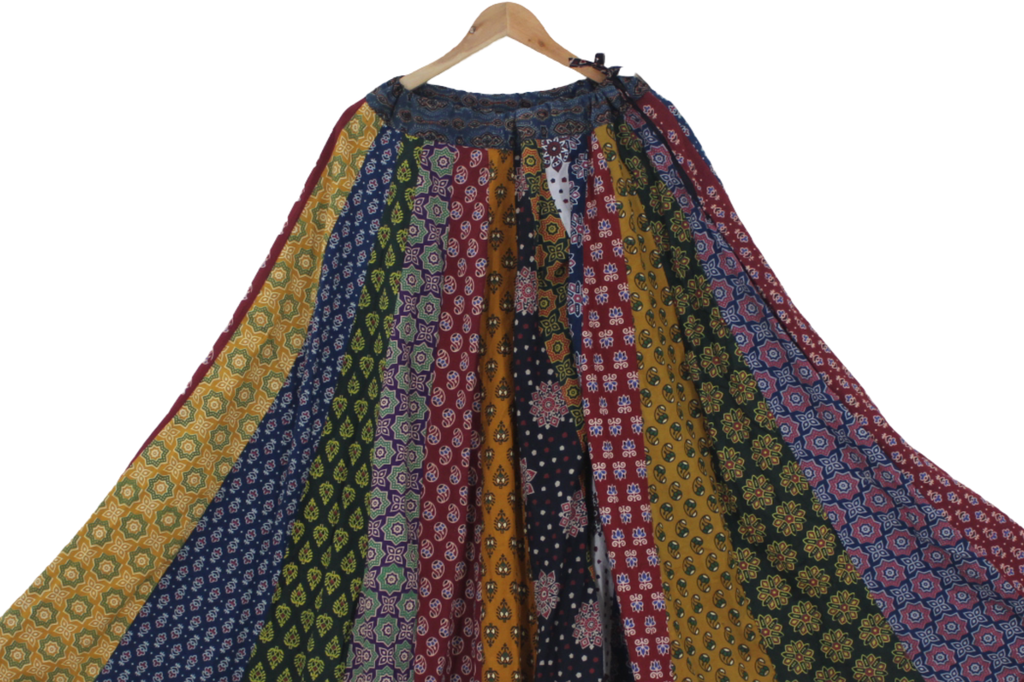 Cotton Ajrakh Hand Block Printed Patchwork Flared Long Skirt