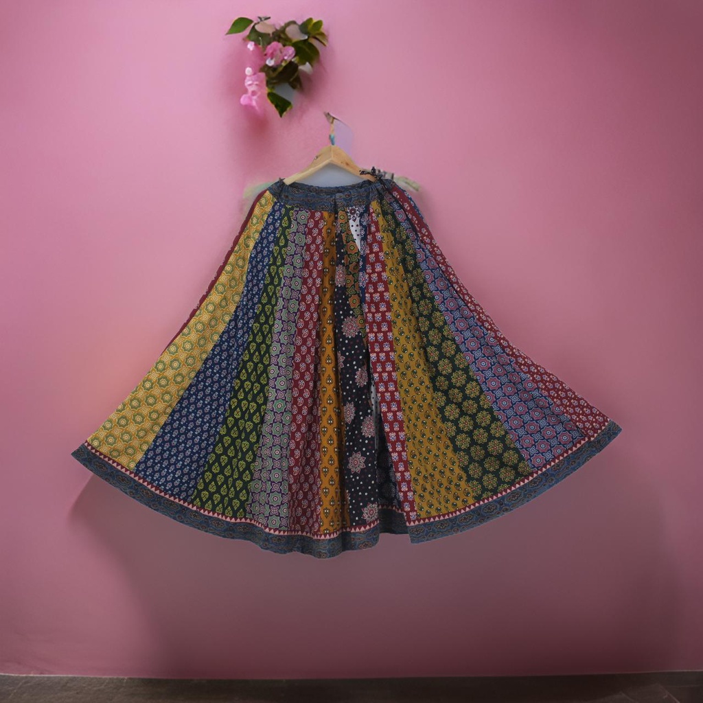 Cotton Ajrakh Hand Block Printed Patchwork Flared Long Skirt