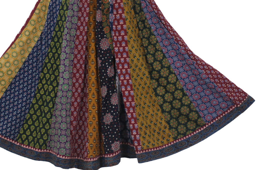 Cotton Ajrakh Hand Block Printed Patchwork Flared Long Skirt