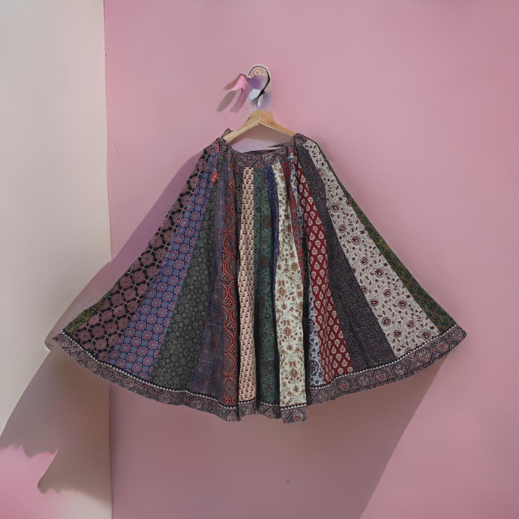 Cotton Ajrakh Hand Block Printed Patchwork Flared Long Skirt