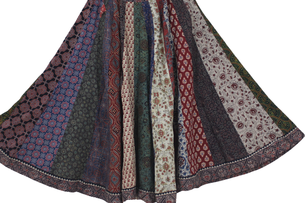Cotton Ajrakh Hand Block Printed Patchwork Flared Long Skirt