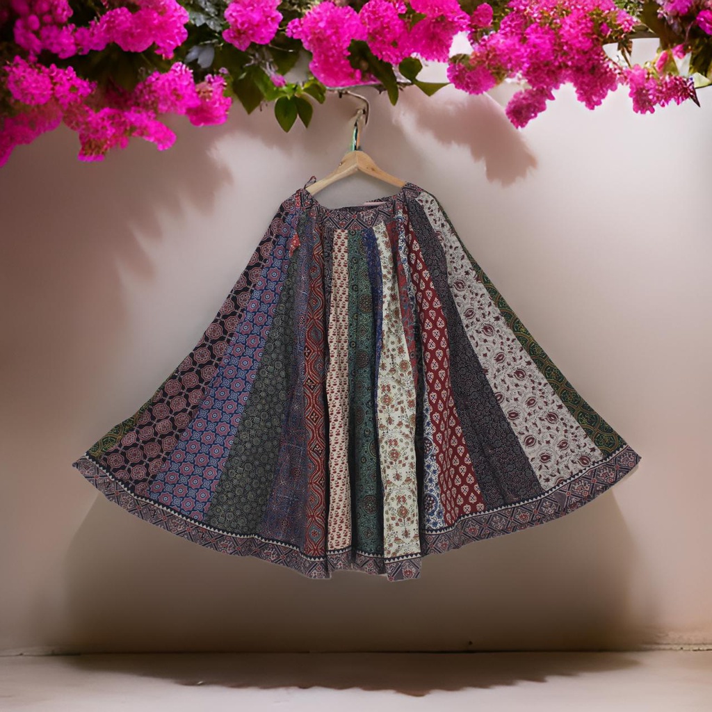 Cotton Ajrakh Hand Block Printed Patchwork Flared Long Skirt