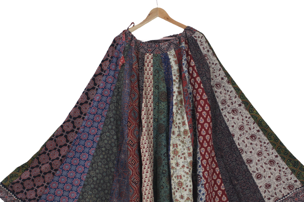 Cotton Ajrakh Hand Block Printed Patchwork Flared Long Skirt