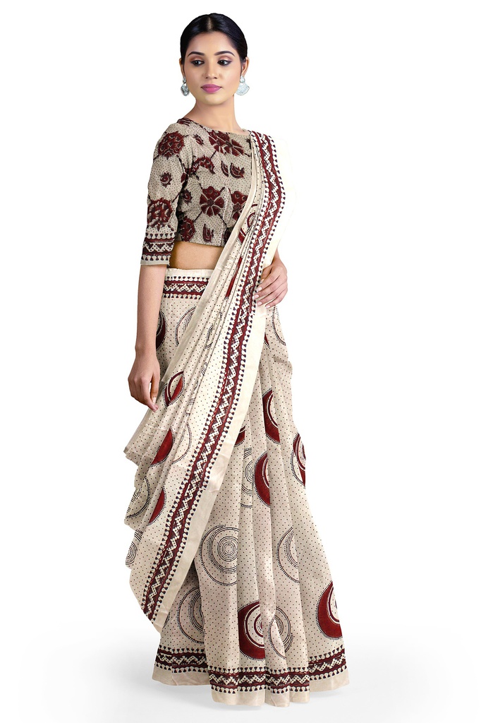Modal Silk Ajrakh Hand Block Print Saree With Tissue Pallu