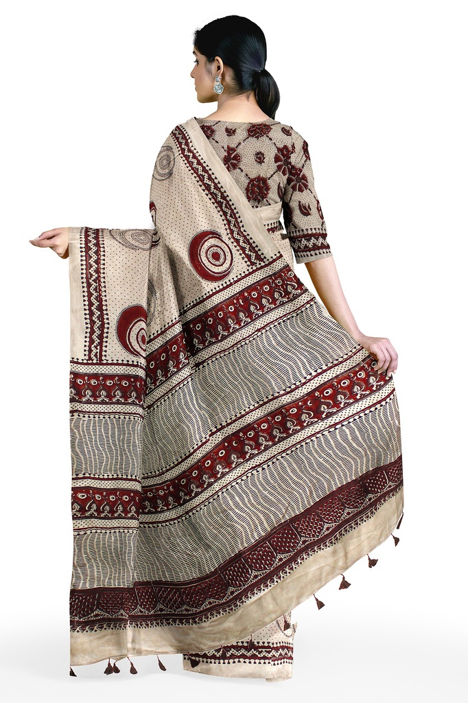 Modal Silk Ajrakh Hand Block Print Saree With Tissue Pallu