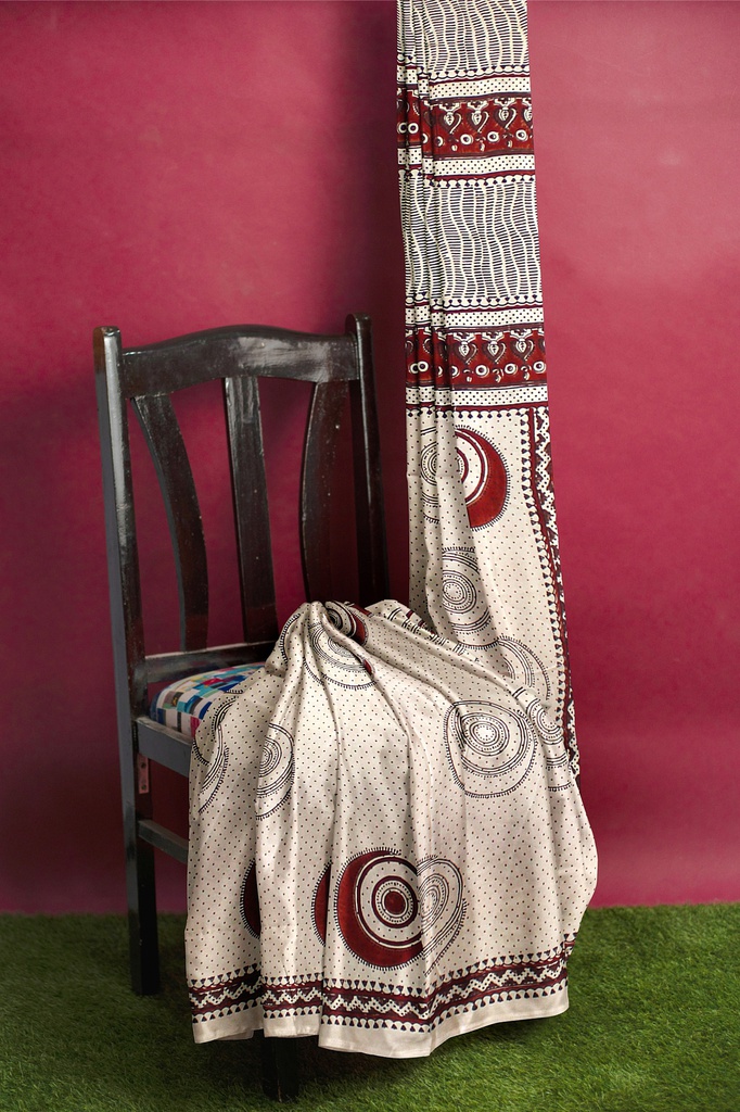 Modal Silk Ajrakh Hand Block Print Saree With Tissue Pallu