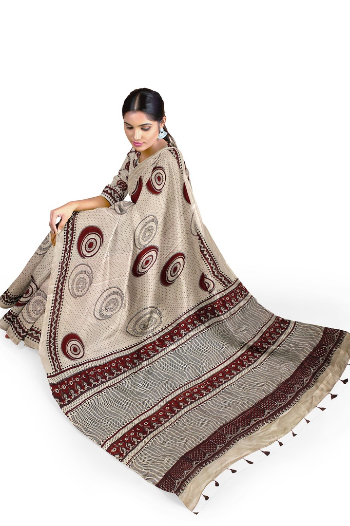 Modal Silk Ajrakh Hand Block Print Saree With Tissue Pallu