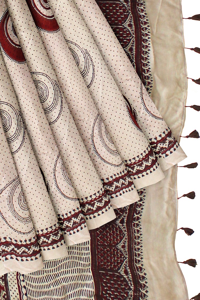 Ajrakh Hand Block Print Saree With Tissue Pallu