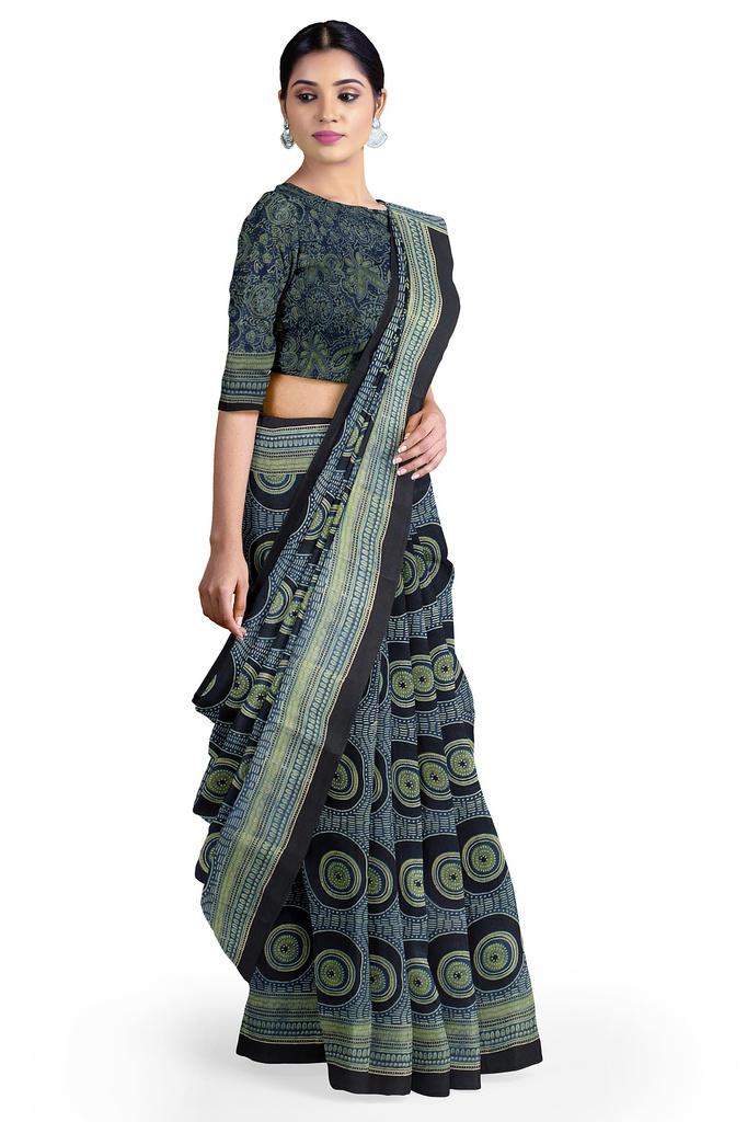 Modal Silk Ajrakh Hand Block Print Saree With Tissue Pallu