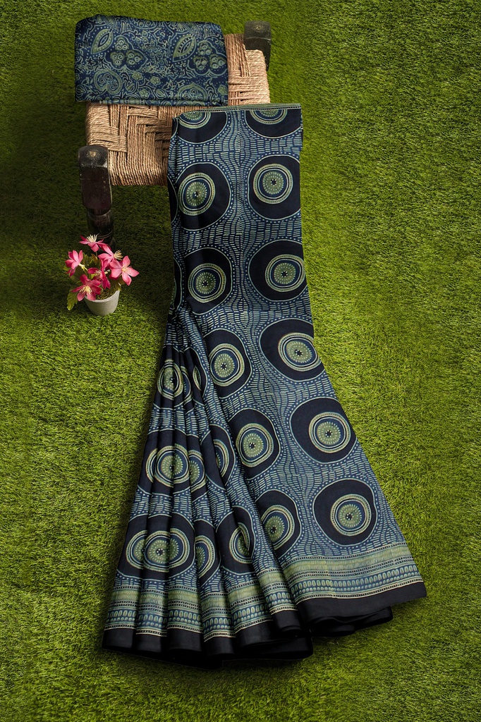 Modal Silk Ajrakh Hand Block Print Saree With Tissue Pallu