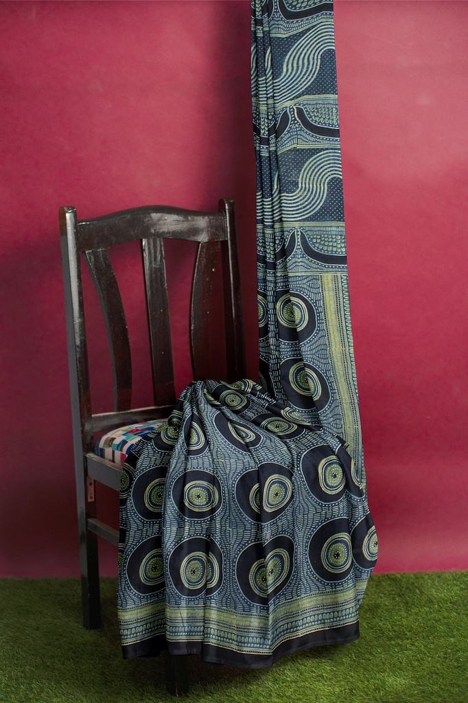 Silk Ajrakh Hand Block Print Saree With Tissue Pallu