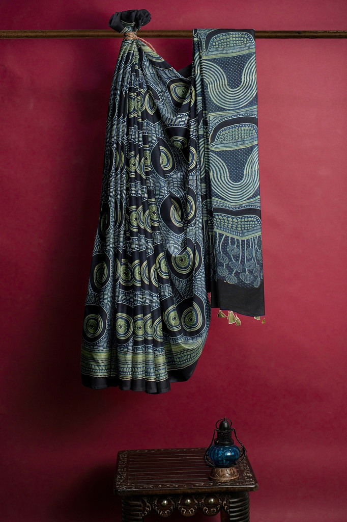 Silk Ajrakh Hand Block Print Saree With Tissue Pallu