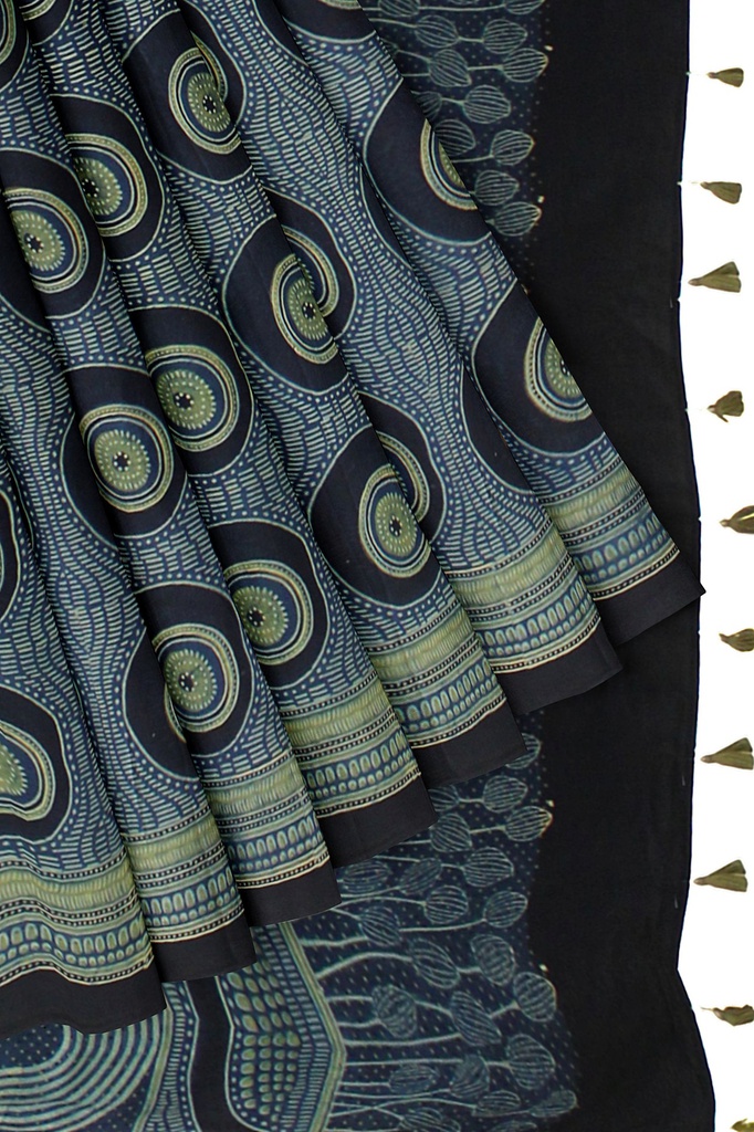 Ajrakh Hand Block Print Saree With Tissue Pallu