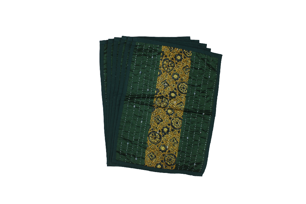 Handmade Tagai Embroidered Ajrakh Mashru Silk Table Placemats with Runner