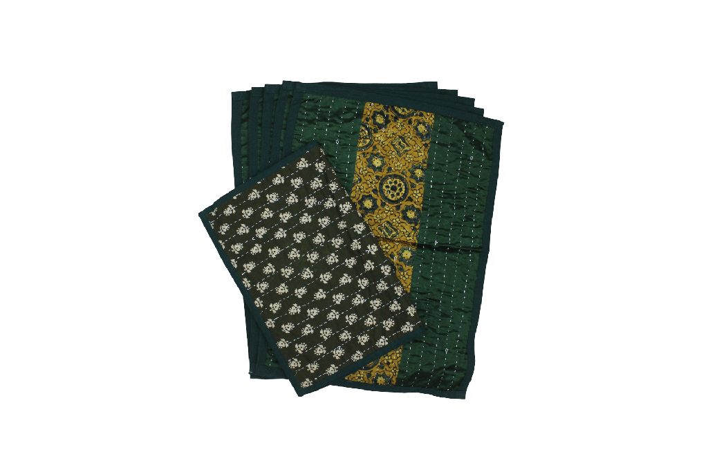 Handmade Tagai Embroidered Ajrakh Mashru Silk Table Placemats with Runner