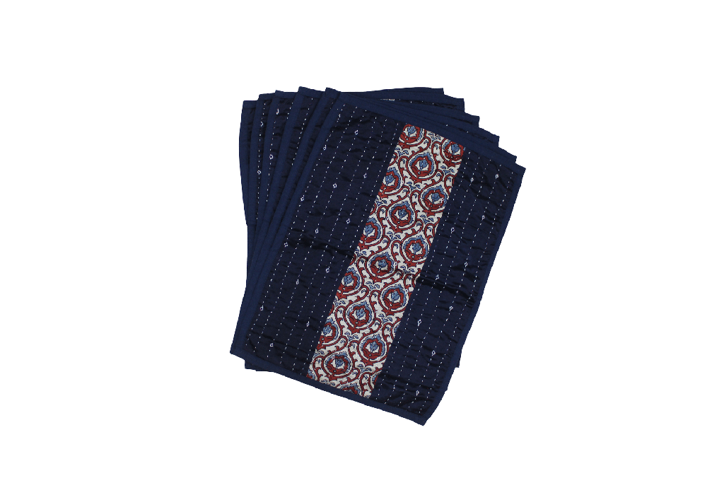 Handmade Tagai Embroidered Ajrakh Mashru Silk Table Placemats with Runner