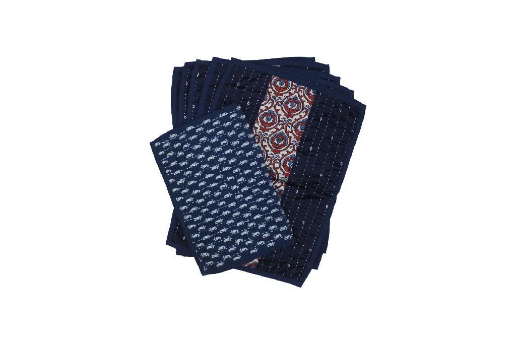 Handmade Tagai Embroidered Ajrakh Mashru Silk Table Placemats with Runner
