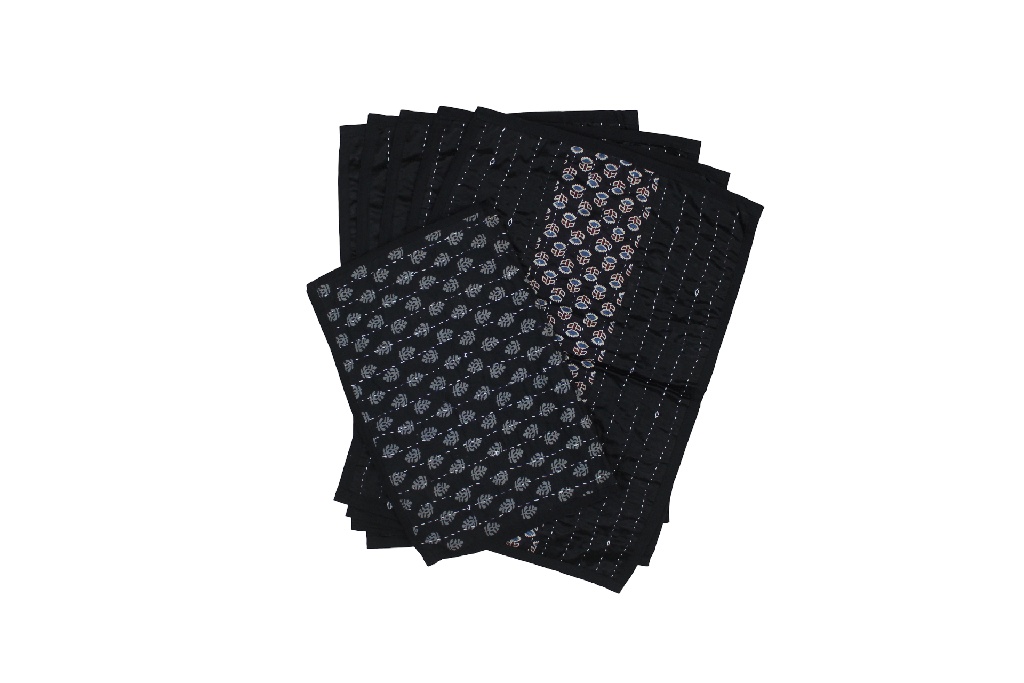 Handmade Tagai Embroidered Ajrakh Mashru Silk Table Placemats with Runner