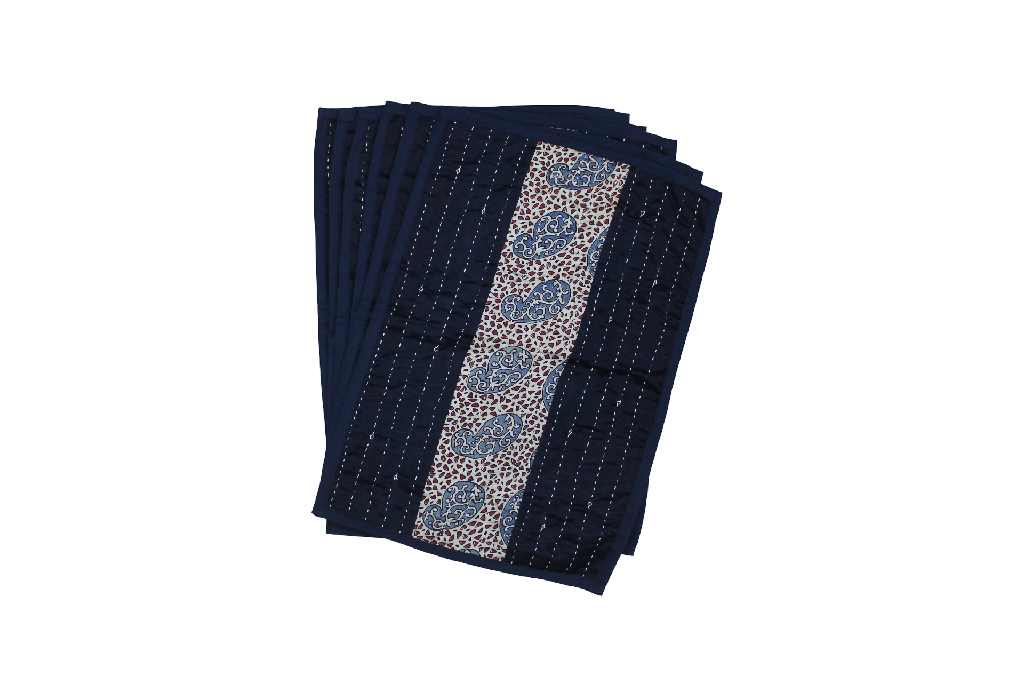 Handmade Tagai Embroidered Ajrakh Mashru Silk Table Placemats with Runner