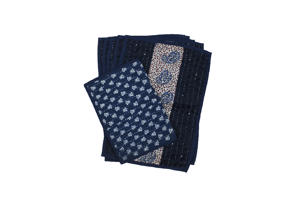 Handmade Tagai Embroidered Ajrakh Mashru Silk Table Placemats with Runner