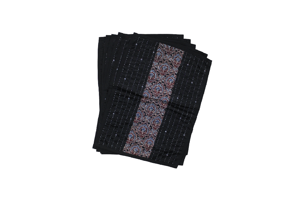 Handmade Tagai Embroidered Ajrakh Mashru Silk Table Placemats with Runner