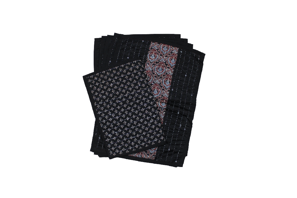 Handmade Tagai Embroidered Ajrakh Mashru Silk Table Placemats with Runner