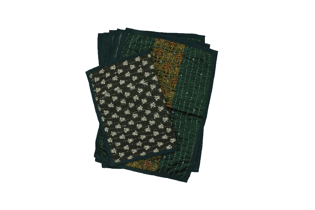 Handmade Tagai Embroidered Ajrakh Mashru Silk Table Placemats with Runner