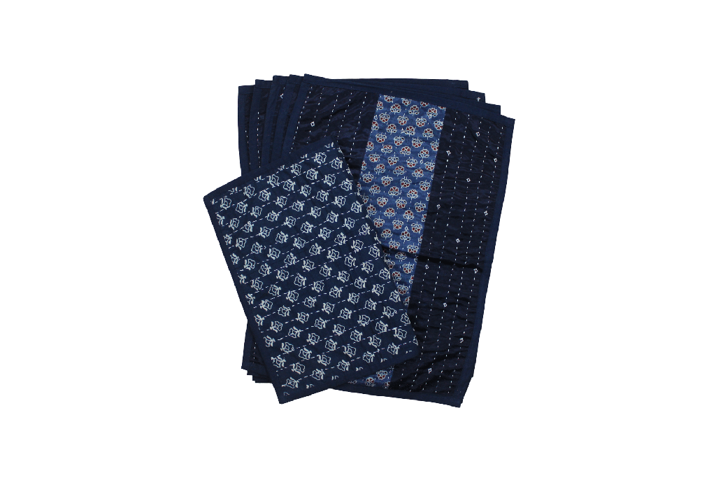 Handmade Tagai Embroidered Ajrakh Mashru Silk Table Placemats with Runner