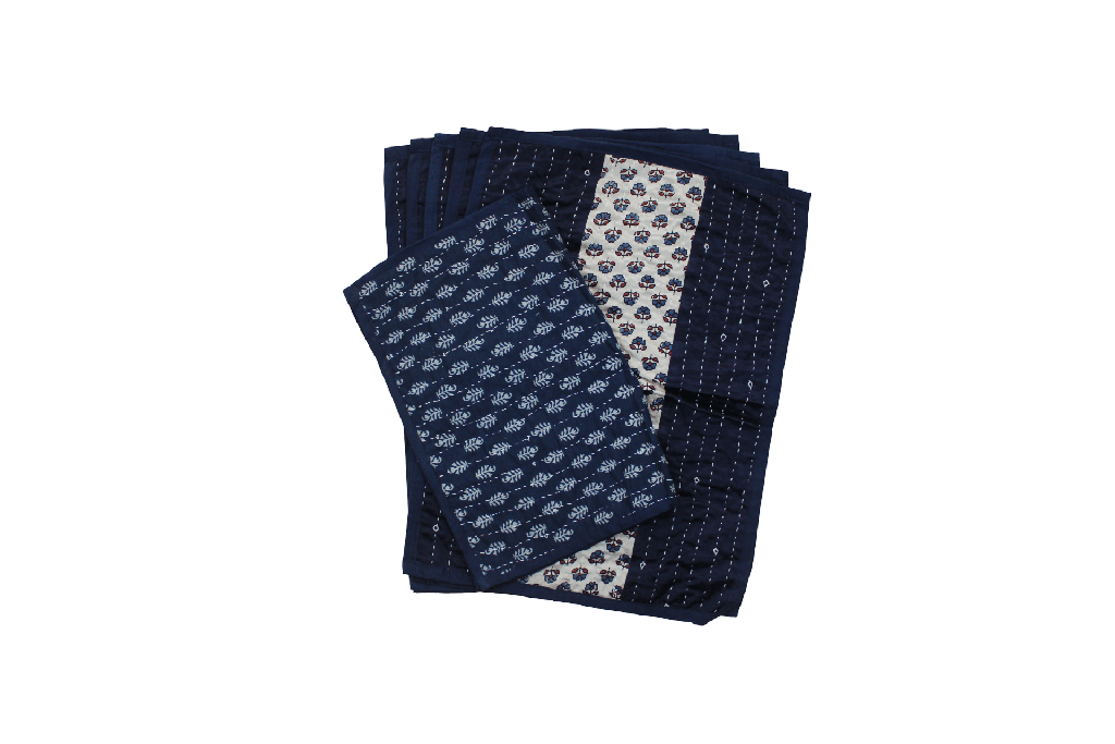 Handmade Tagai Embroidered Ajrakh Mashru Silk Table Placemats with Runner